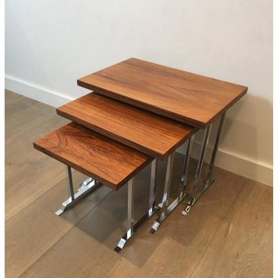 Set Of 3 Exotic Wood And Chrome Nesting Tables. French. Circa 1970