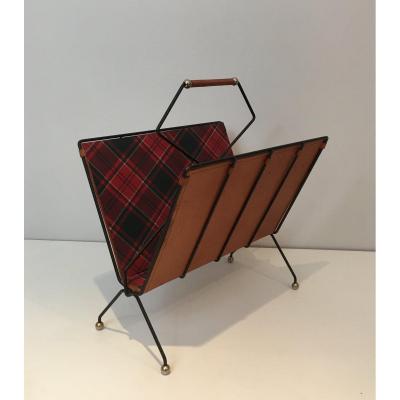 Magazine Rack In Black Lacquered Metal, Leather And Checkered Fabrics. French Work. Around 1950