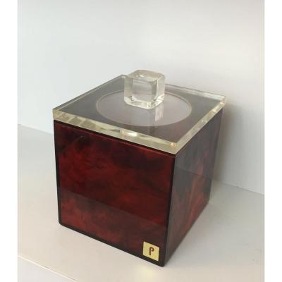 Red And Clear Lucite Ice Bucket. Signed P. French. Circa 1970