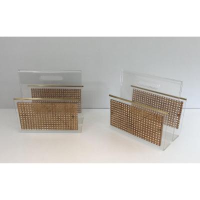 Pair Of Lucite, Brass And Cane Magazine Racks. In The Style Of Christian Dior And Gabriella Crespi.