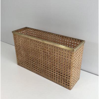 Lucite, Cane And Brass Magazine Rack. In The Style Of Christian Dior And Gabriella Crespi.