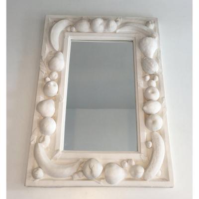 Unique Decorative Plaster Mirror With Fruits Decors. French. Circa 1970