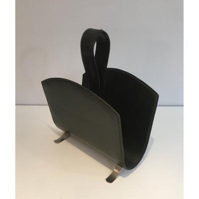 Leather Magazine Rack On A Brushed Steel Base. French. Circa 1950