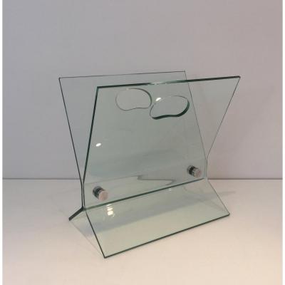 Glass And Brushed Steel Design Magazine Rack. In The Style Of François Arnal. French. 1970's