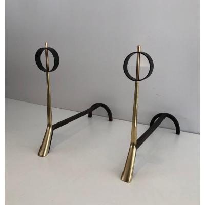 Pair Of Modernist Bronze And Wrought Iron Andirons. Italian. Circa 1950