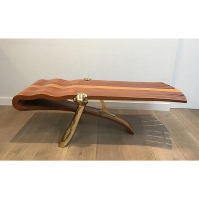 Unique Coffee Table Made Of A Thick Free Form Wood Top Supported By 2 Gilt Brass Arms