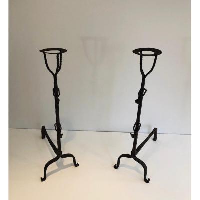 Pair Of Wrought Iron Landiers. French. 17th Century