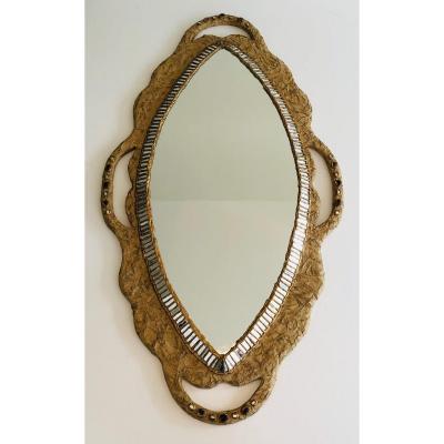By Catherine David. Unusual Mirror Made Of Paper Mache And Mirror Marquetry And Incrustations.