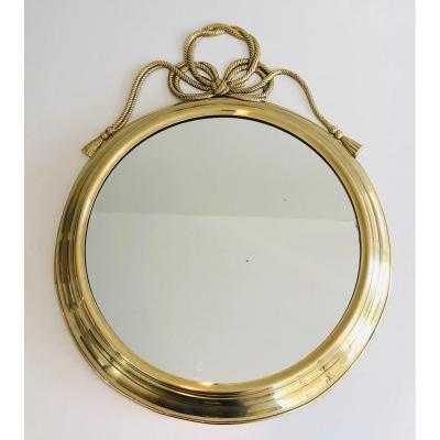 Decorative Oval Brass Mirror With Large Noddles On Top. French. Circa 1970