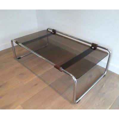 Chrome, Leather And Smoked Glass Coffee Table. French Work. Circa 1950