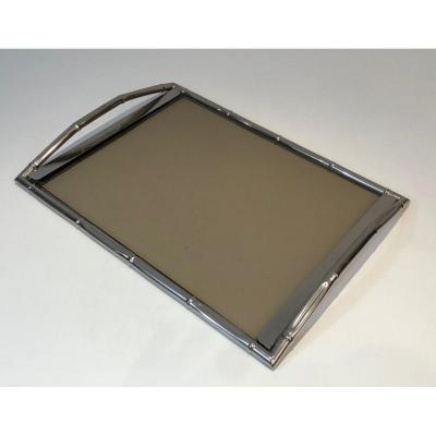 In The Style Of Jacques Adnet. Faux-bamboo Chromed Tray With Smoked Glass. French. Circa 1970