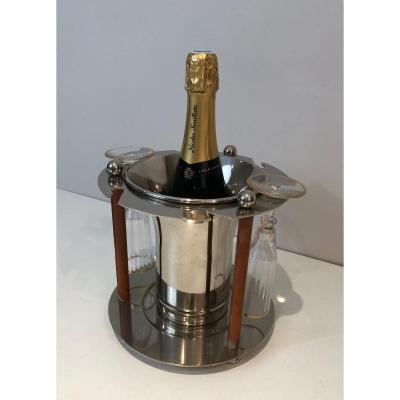 Rare Silver Plated And Leather Champagne Bucket With Flutes Holder