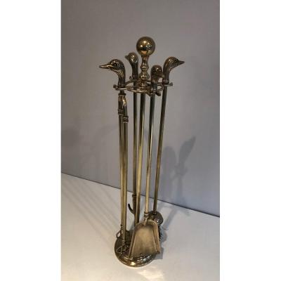 Neoclassical Style Brass Duck Heads Fire Place Tools. French. Circa 1970