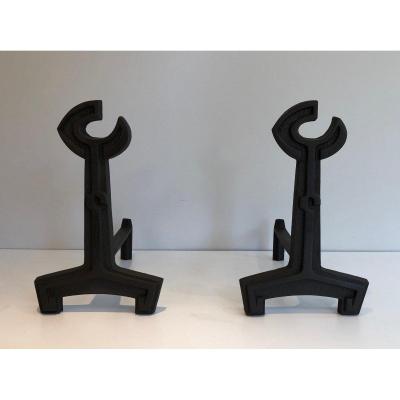 Pair Of Cast Iron And Wrought Iron Flat Key Andirons. French. Circa 1950