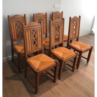 Set Of 6 Brutalist Chairs Made Of Ash And Straw. French Work, Circa 1950