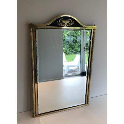 Neoclassical Style Brass And Lacquered Metal Mirror With Cup And Swan Necks. French. Circa 1940