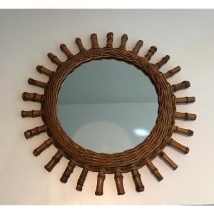 Round Rattan Mirror. French. Circa 1970