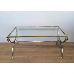 Brushed Steel And Brass Coffee Table With Swanheads And Feet. Maison Jansen. Circa 1970
