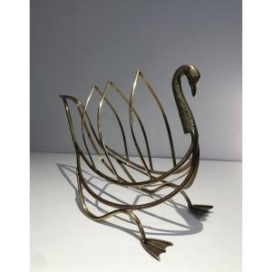 Neoclassical Style Brass Swan Magazine Rack. Italian In The Style Of Maison Jansen. Circa 1940