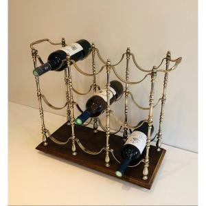 Silver Plated Bottles Holder On A Wooden Base. French. Circa 1960