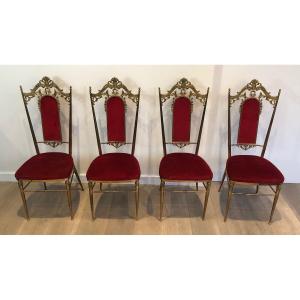 Set Of 4 Neoclassical Style Brass And Red Velvet Chairs. In The Style Of Maison Jansen