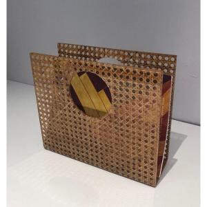 In The Style Of Christian Dior And Gabriella Crespi. Lucite, Brass And Encrusted Cane Magazine Rack. French. Circa 1970