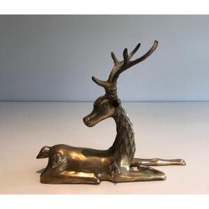 Brass Lying Deer With Shamanic Inlays. French Work, Circa 1970