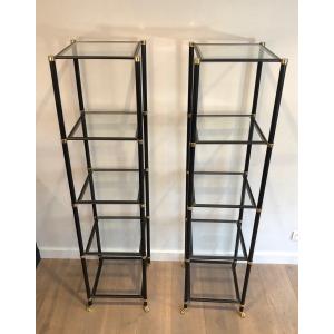Pair Of Shelves In Black Lacquered Metal, Brass And Bronze. Guy Lefevre For Maison Jansen