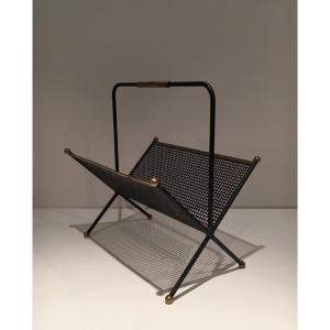 Black Lacquered Perforated Sheet And Brass Design Magazine Rack. French Work; Circa 1950