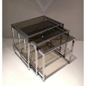 Set Of 3 Chromed Nesting Tables With Smoked Glass Shelves. French Work. Circa 1970