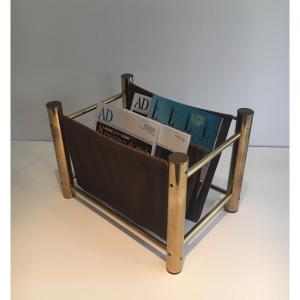 Gilt Metal And Fabric Magazine Rack. French Work. Circa 1970