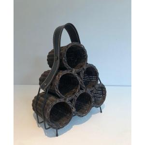 Rattan, Lacquered Metal And Leather Bottles Holder. French Work. Circa 1970