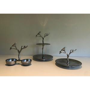 Set Of 3 Aluminium Serving Pieces With Birds And Branches