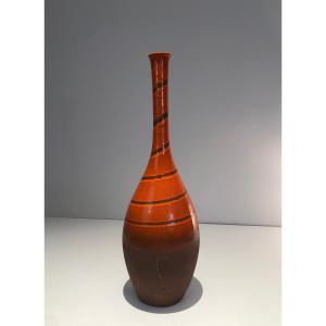 Tall Ceramic Vase In The Red-orange Tones. French Work. Circa 1950