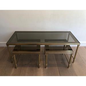 Brass Coffee Table With 2 Nesting Tables That Can Be Used As Side Tables. French Work. 1970's