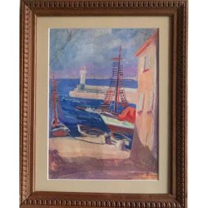 Toulon: Sailboats In Port Gouache Signed Norah Bluhm And Located Toulon