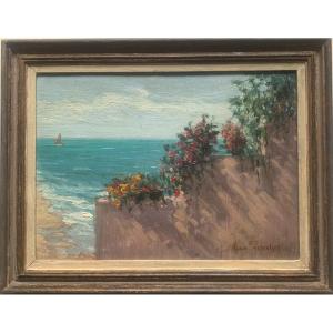 The Sea And Flowers Oil On Cardboard XXth Century Circa '30
