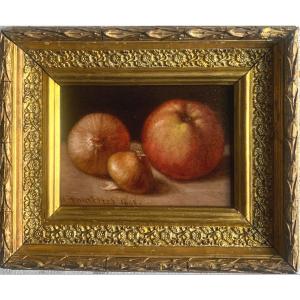 The Vegetables Still Life Of A Tomato, An Onion And A Shallote  Oil On Wood 19th Century