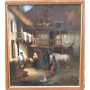 The Farmyard Oil On Panel 19th Century