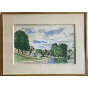 The Bridge Of Joinville Gouache Signed And Located