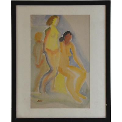 Three Women Watercolor Signed Ferdinand Tholy XXth Century