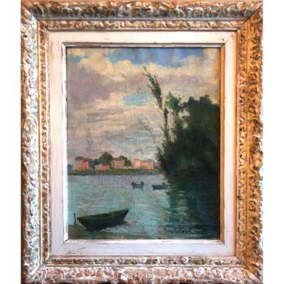The Seine Riverside  Oil On Canvas Signed Léon Laurent Galand Twentieth Century