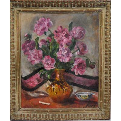 Bouquet Of Pink Peonies, Oil On Canvas Signed Luce, 20th Century
