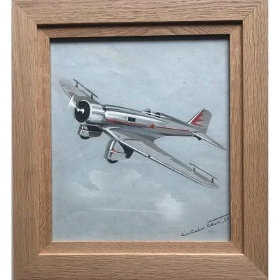 Morane-saulnier In Flight Watercolor On Paper Signed Lucien Cavé XXth Century