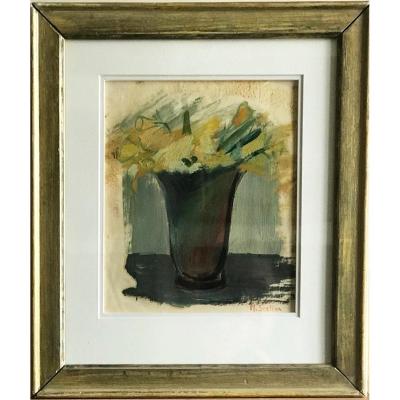 Bouquet Of Daffodils Oil On Paper Signed Madeleine Scellier Twentieth Century