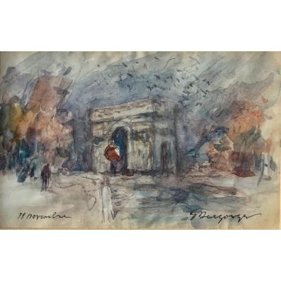 Paris, Arc De Triomphe Watercolor On Paper Signed Georges Edmond Dargouge Twentieth Century