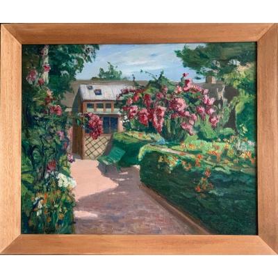 In The Garden Oil On Panel French School Twentieth Century