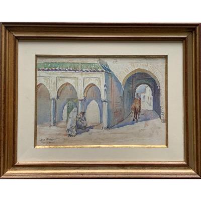 Marraketch La Porte Bab Taghzout Watercolor XXth Century
