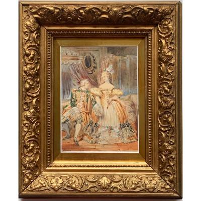 Scène Galante Watercolor Dated 1840 In The Taste Of The Eighteenth Century