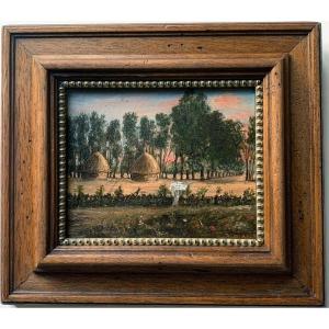 Les Meules Oil On Panel Dated August 1875 XIXth Century French School